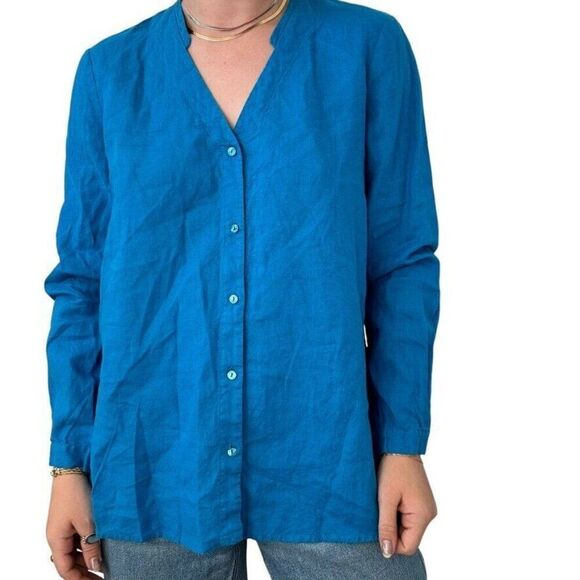 Eileen Fisher Tops - Eileen Fisher Women Irish Blend Blue Button Down Lagenlook Blouse Sz M